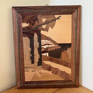 Wooden Marquetry Wall Hanging Picture Sorrento Italy Coastal Scene Inlay Wood 9"